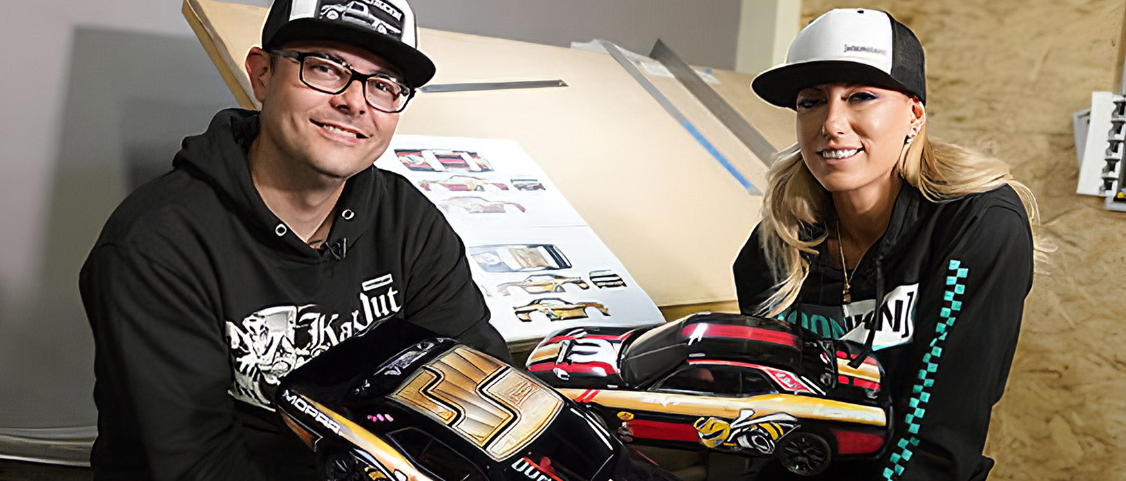 Hoonigan and Leah Pritchett showing off 2 livery options for Leah's Drag Pak