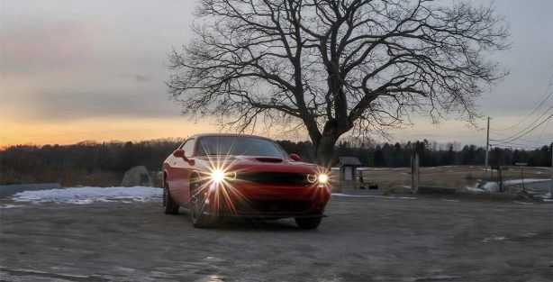 Front view of Dodge Challenger AWD with tree in the background
