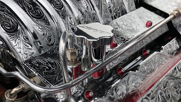 Custom Dodge SRT engine with intricate carving