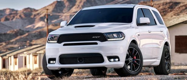 White Durango SRT in front of mountains