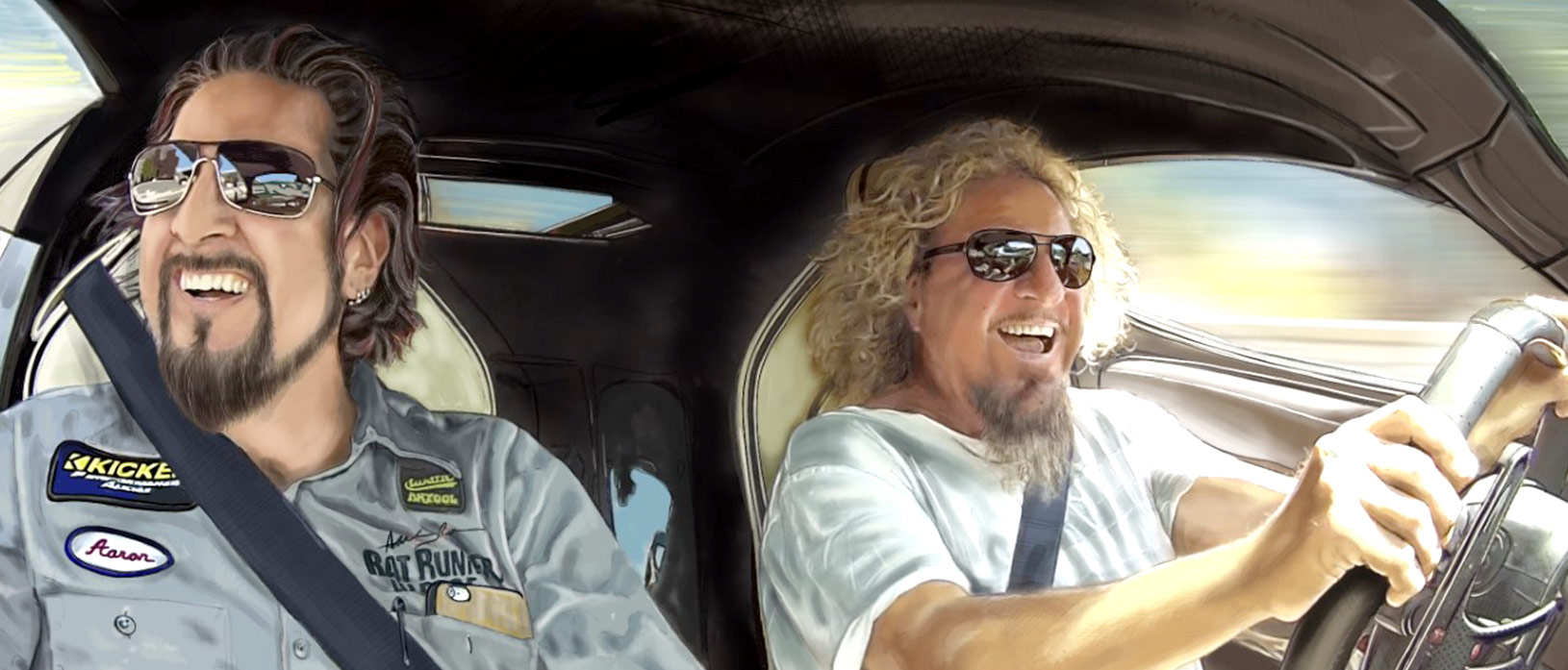 Aaron & Sammy Hagar driving in a car all smiles