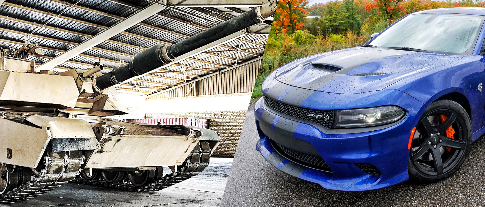 Abrams tank next to a blue SRT Hellcat