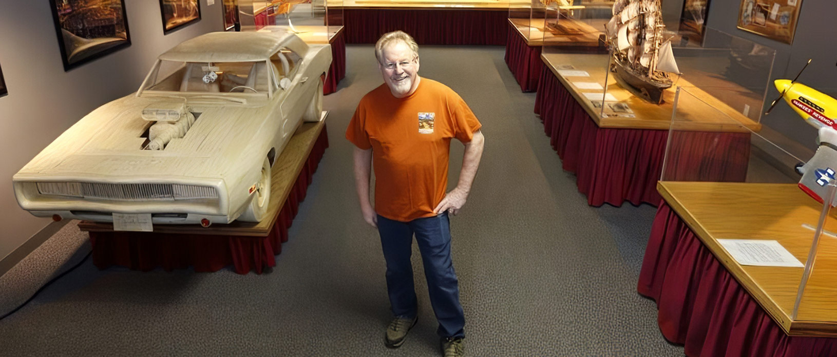 Patrick Acton with his 1970 Dodge Charger made out of matchsticks