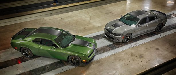 F8 green 2019 Challenger R/T and detroyer gray 2019 Charger Scat Pack in Stars & Stripes Package