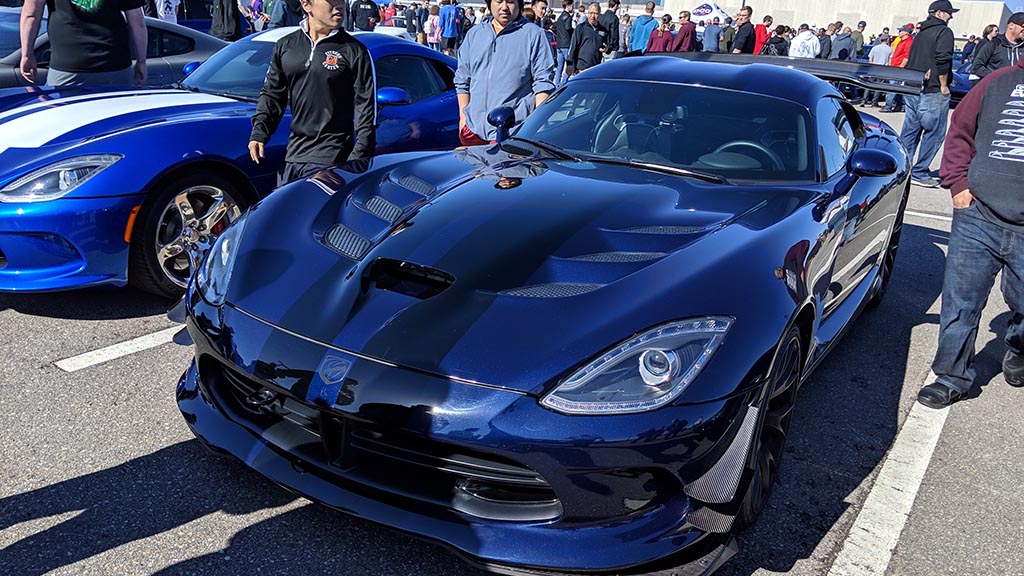 Blue Dodge Viper with black racing stripes