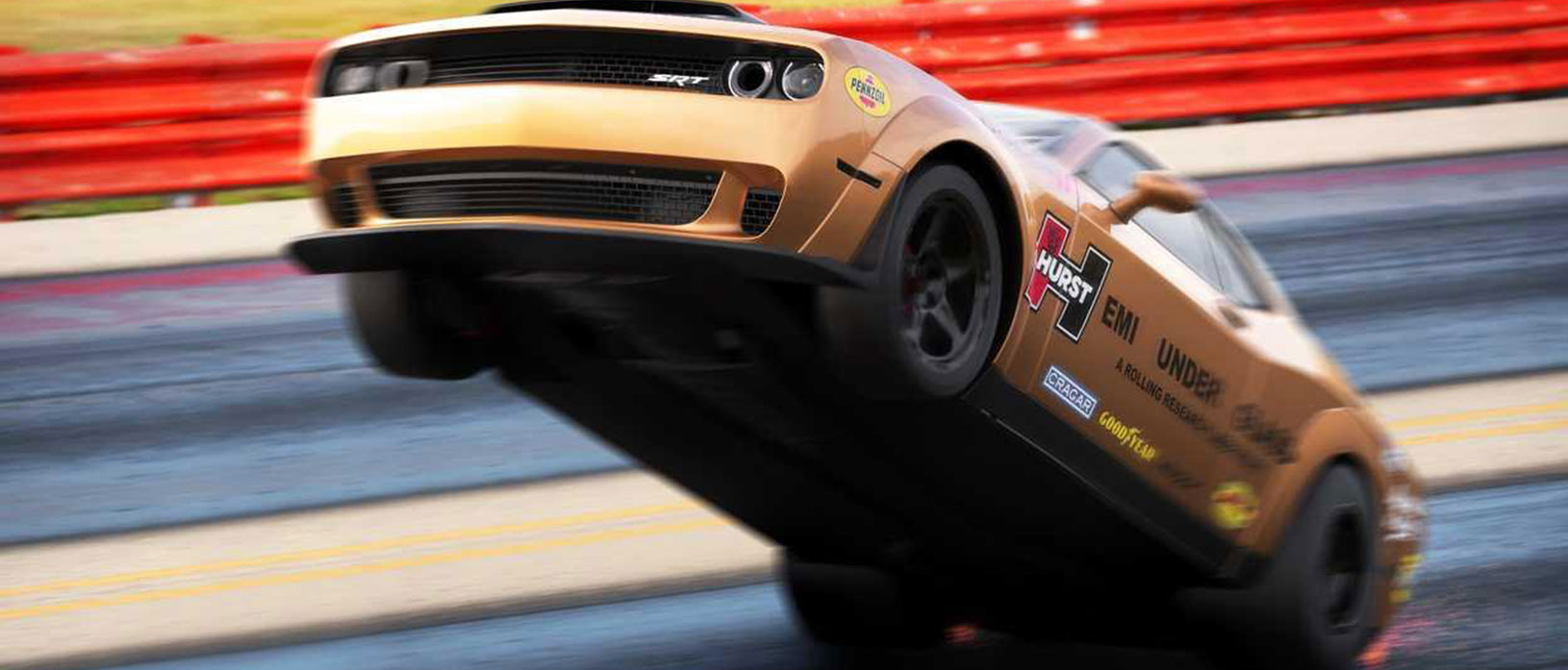 Dodge SRT Challenger on back wheels racing