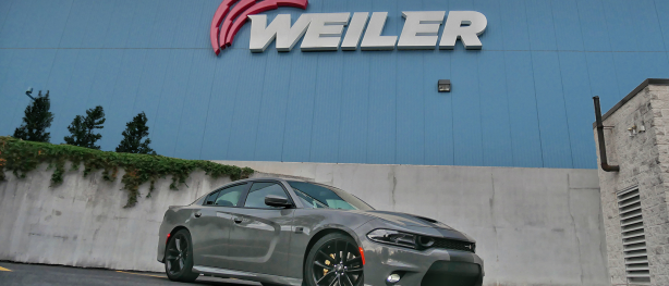 destroyer grey dodge challenger scat pack infront of Weiler building