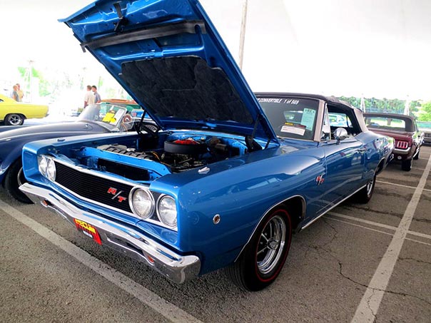 Blue dodge r/t convertable with hood popped open