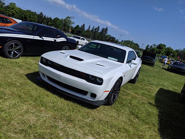 rows of Challengers on display at Mopars in the Park
