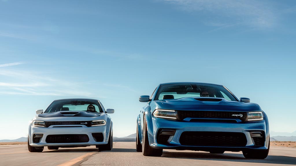 2020 Dodge Charger Scat Pack Widebody (Left) and 2020 Dodge Charger SRT Hellcat Widebody (Right)