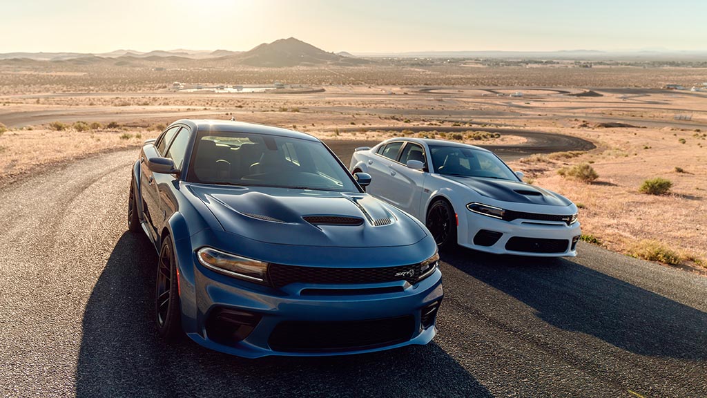 2020 Dodge Charger SRT Hellcat Widebody (Left) and 2020 Dodge Charger Scat Pack Widebody (Right)