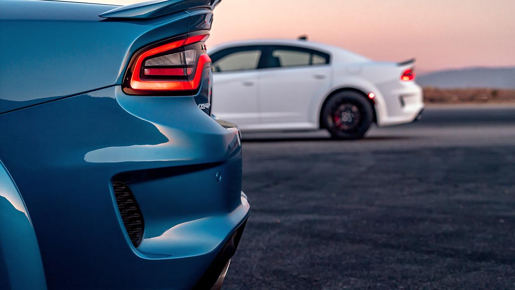 2020 Dodge Charger SRT Hellcat Widebody (Front) and 2020 Dodge Charger Scat Pack Widebody (Back)