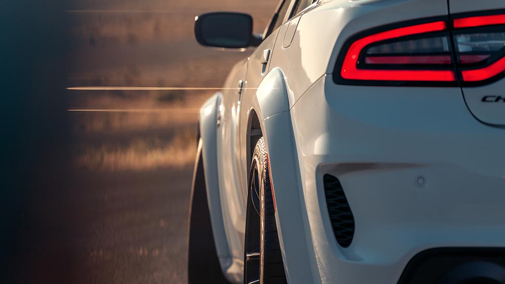 New integrated fender flares add 3.5-inches of width to make room for the wider 20 x 11-inch wheels on the 2020 Dodge Charger Scat Pack Widebody