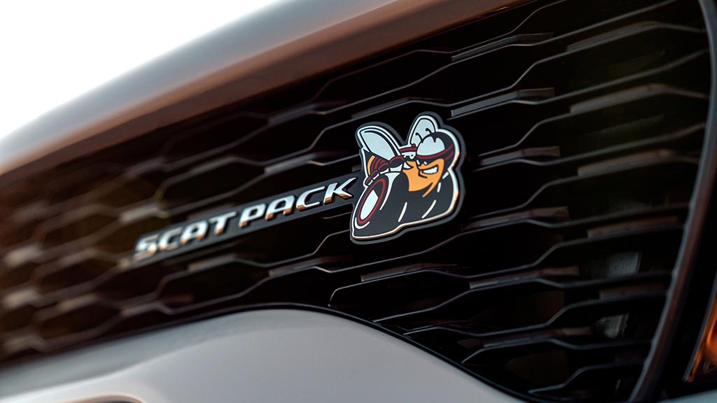 2020 Dodge Charger Scat Pack Widebody features the Scat Pack Bee badge on the front grille