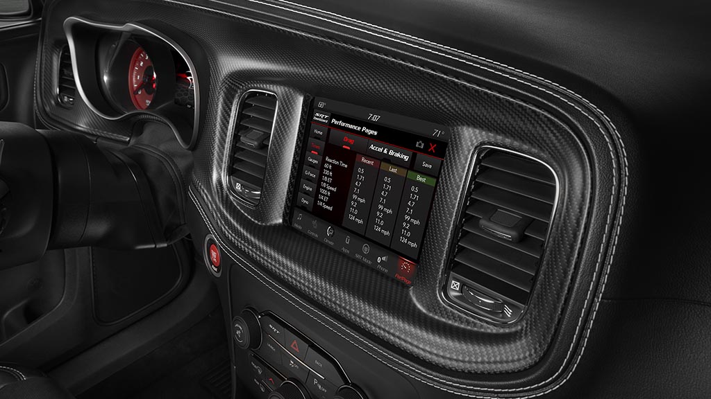 Standard SRT Performance Pages in the 2020 Dodge Charger SRT Hellcat Widebody bring critical vehicle performance data to the driver’s fingertips, including real-time engine data such as horsepower, torque, oil pressure and dyno graph. Included in the available Carbon & Suede Package are real carbon fiber instrument panel and console bezels.