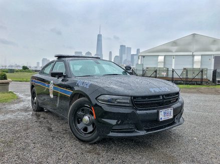 a dodge police car with the city skyline in the background