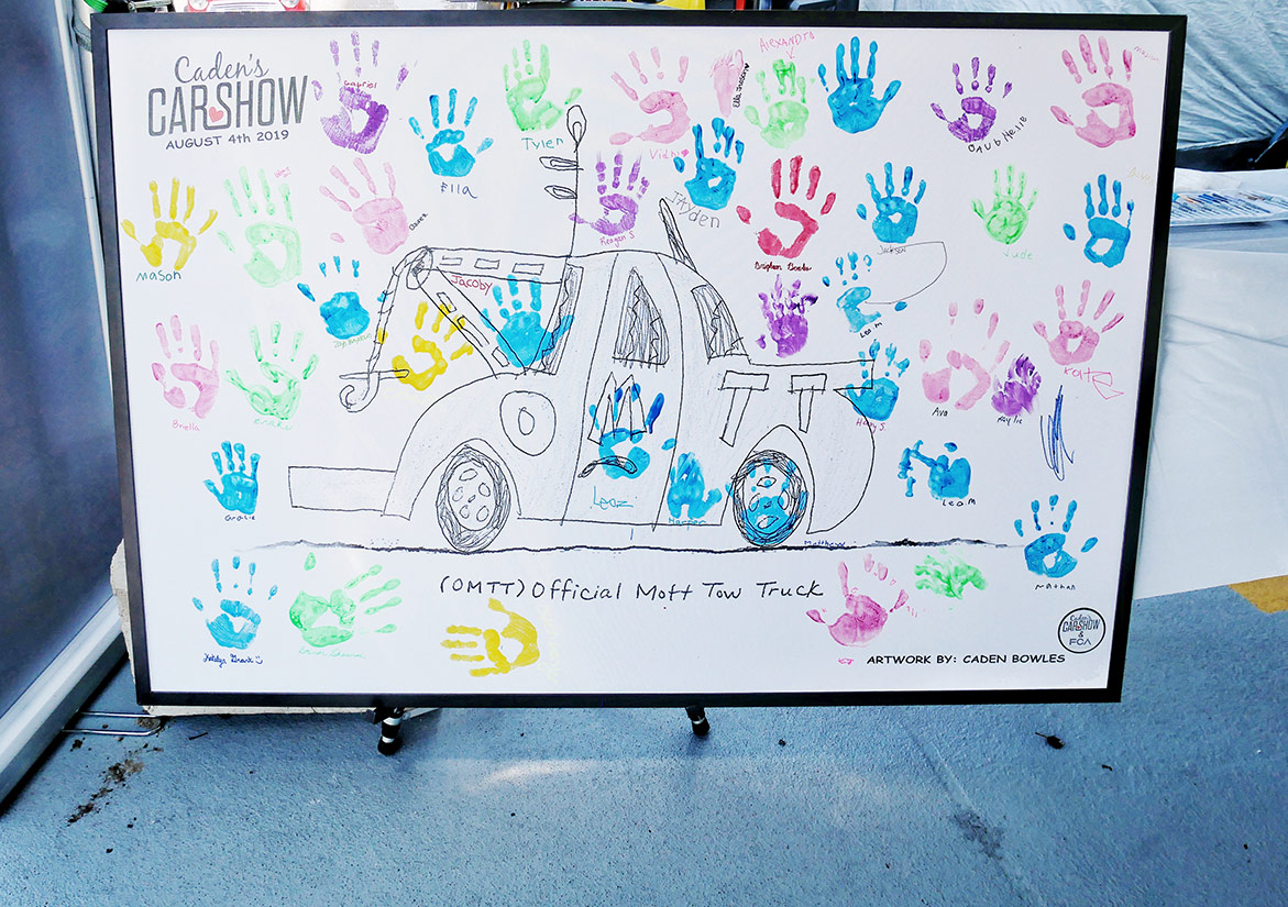 childrens' handprints on a sign