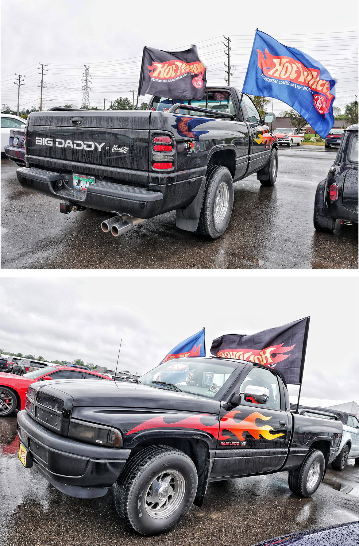 dodge vehicle with Hot Wheels flags