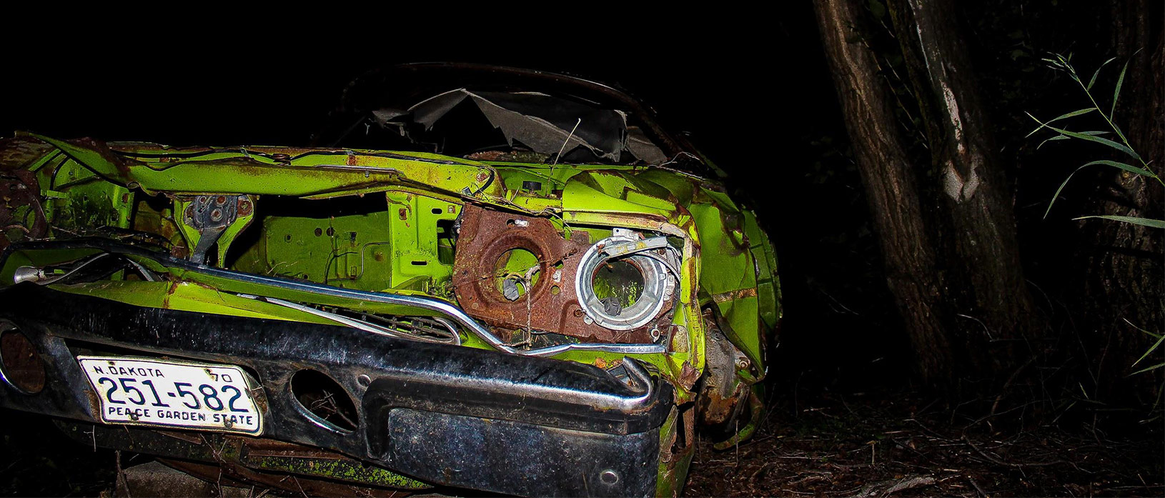 crushed front end of vehicle