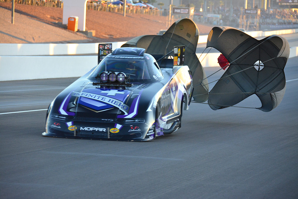 jack beckman's funny car deploying parachutes