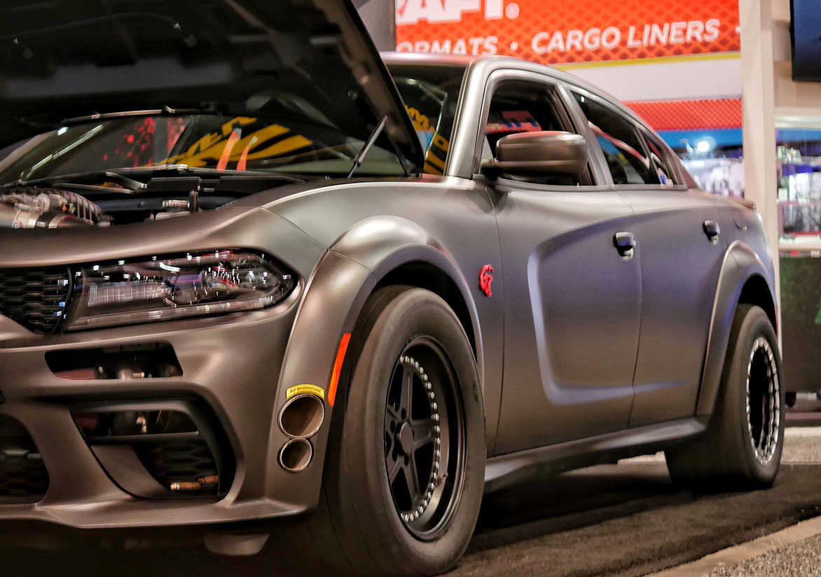 Speedkore’s carbon fiber all-wheel-drive twin turbo SRT Demon powered Widebody Charger at SEMA. 