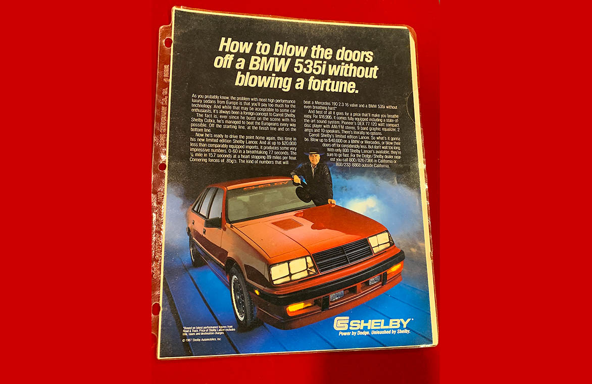 Old advertisement for Shelby Lancer
