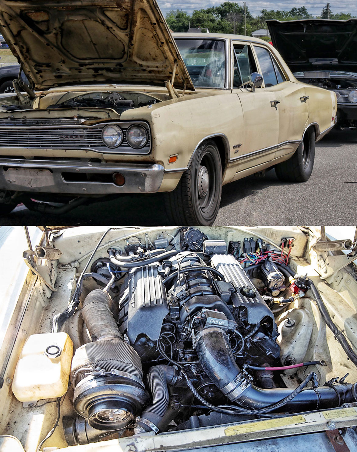 As seen at Roadkill Nights Powered by Dodge: This 1969 Coronet has an SRT Hellcat shortblock, heads and other parts from a gen 3 HEMI® engine and a giant turbo. “Wanna Bee” is an ongoing project from a dude named Corey with the Fuel Injection Sucks YouTube channel.