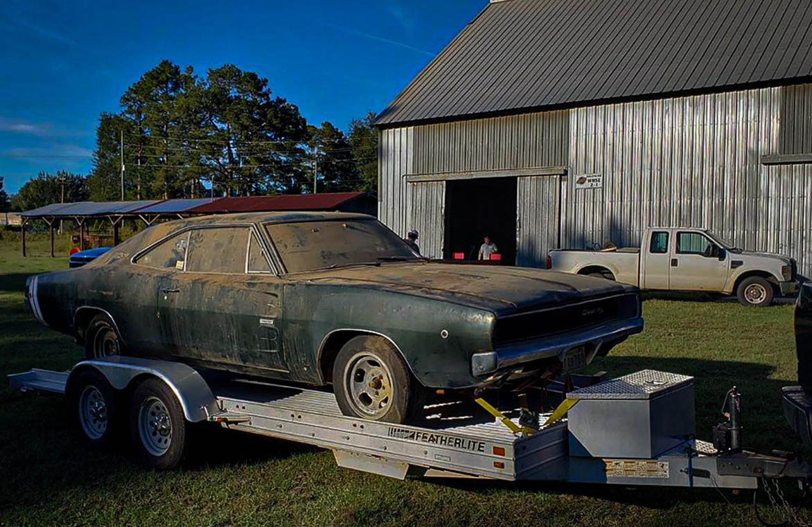 Old Charger R/T on a flat bed truck
