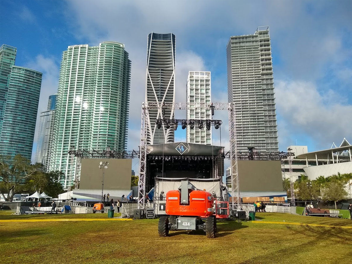 City skyline behind the event stage