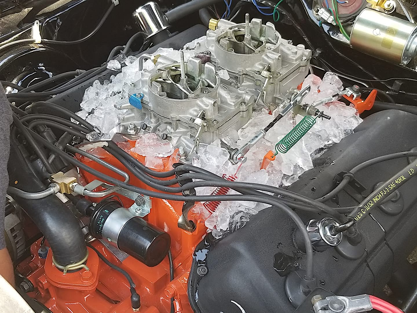 vehicle engine being cooled down with ice