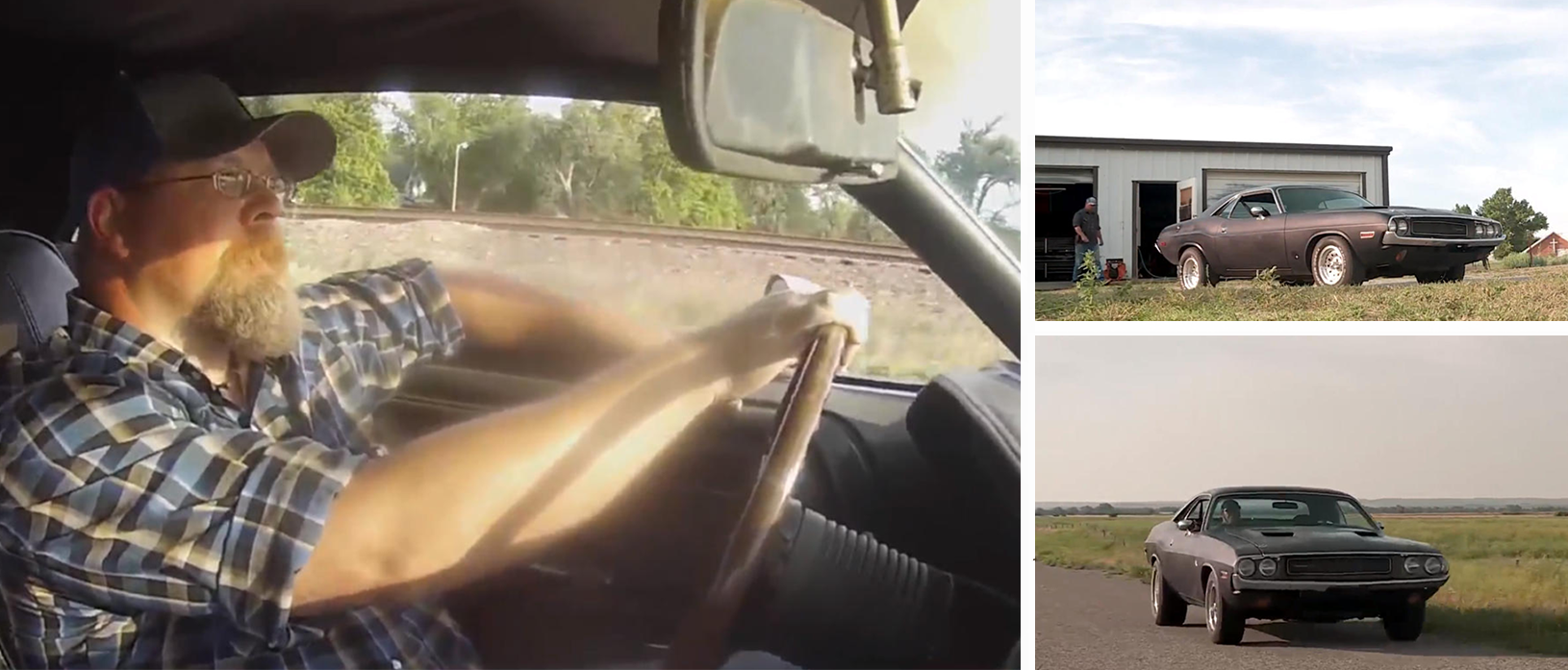 man driving a 1974 dodge challenger