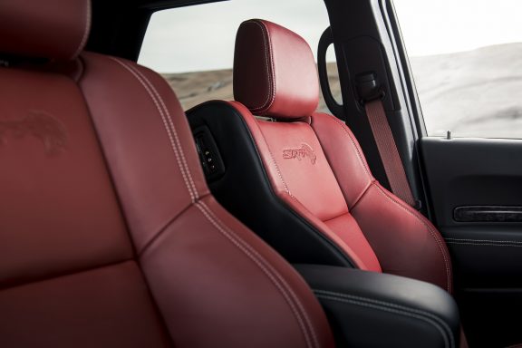 2021 Dodge Durango SRT Hellcat (Demonic Red): Embossed Hellcat logo.