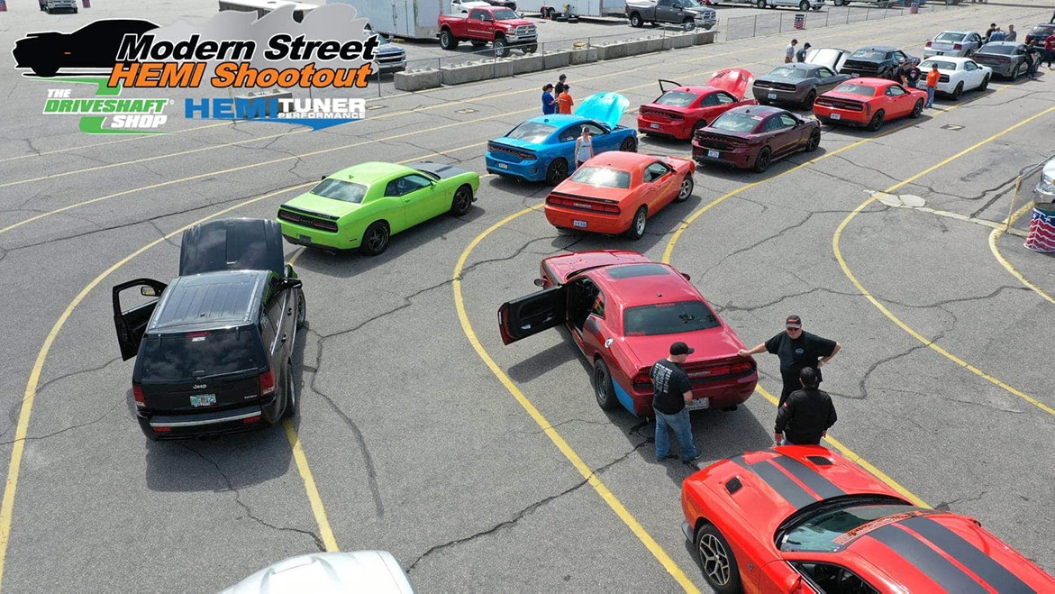 Dodge vehicles lined up in staging lanes