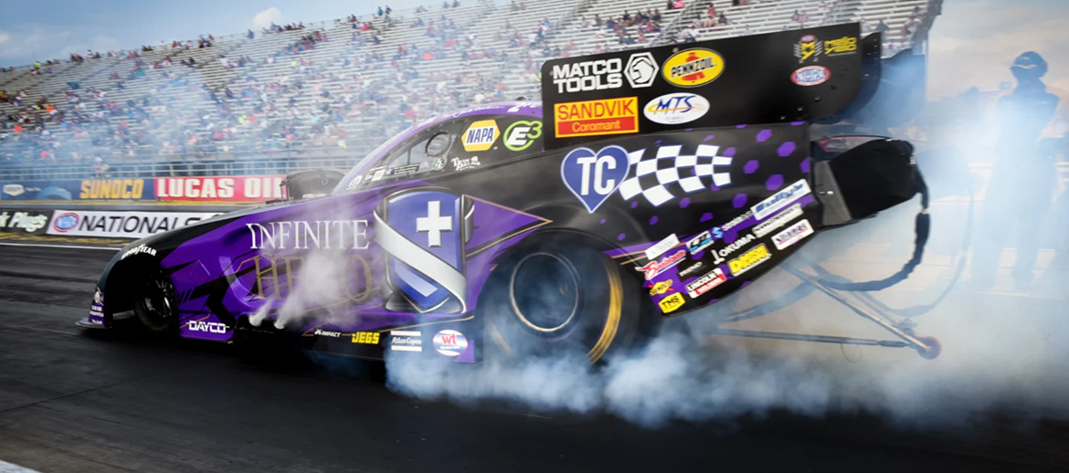 Infinite Hero funny car doing a burnout