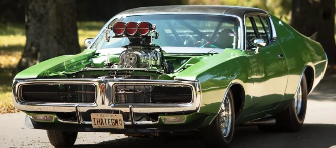 Dodge Charger with a large engine and no hood