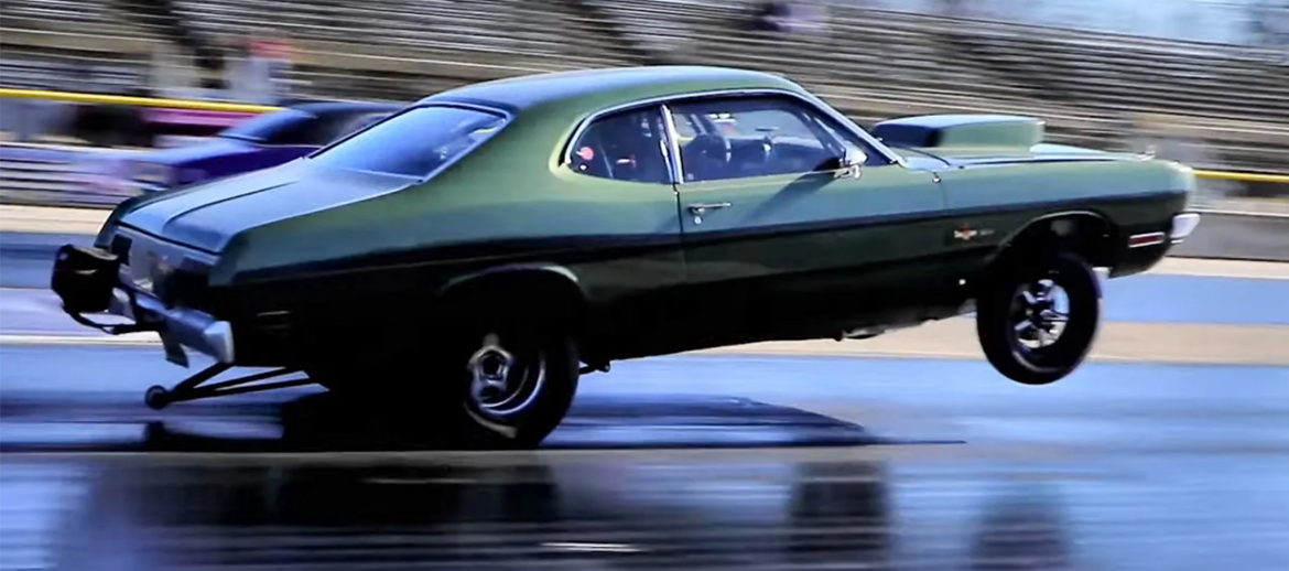 1971 Dodge Demon 340 on two wheels on a drag strip