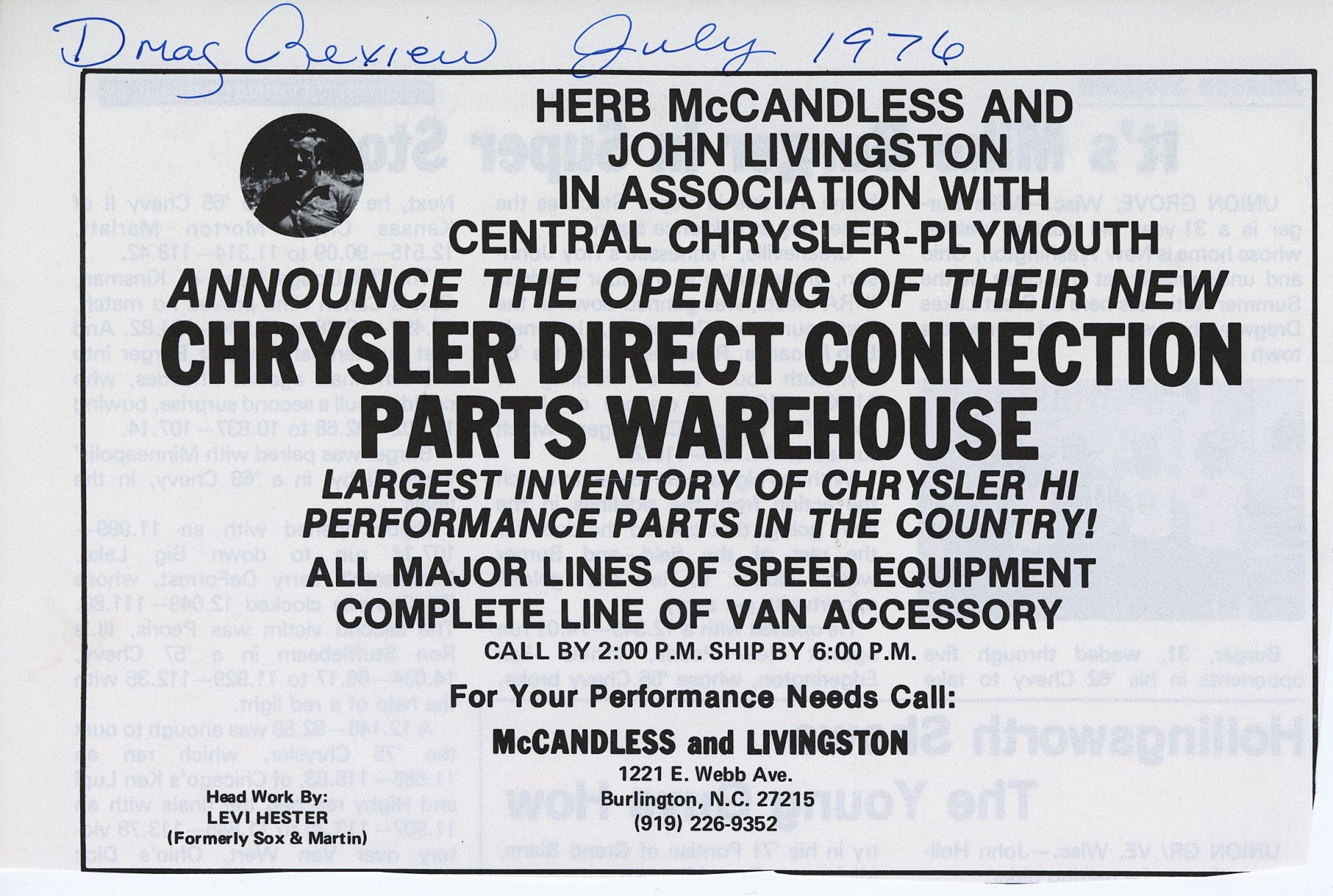 Herb McCandless racing advertisement