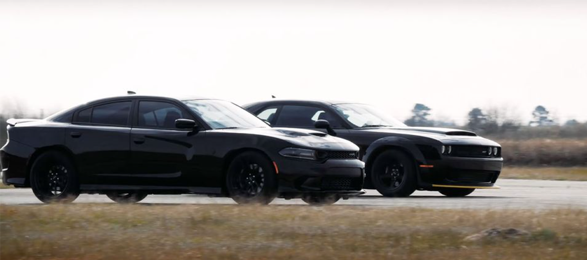 Dodge Charger and Dodge Demon staging for a race