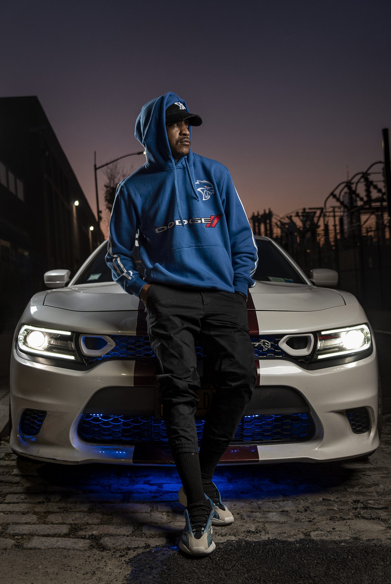 man wearing Hellcat hoodie