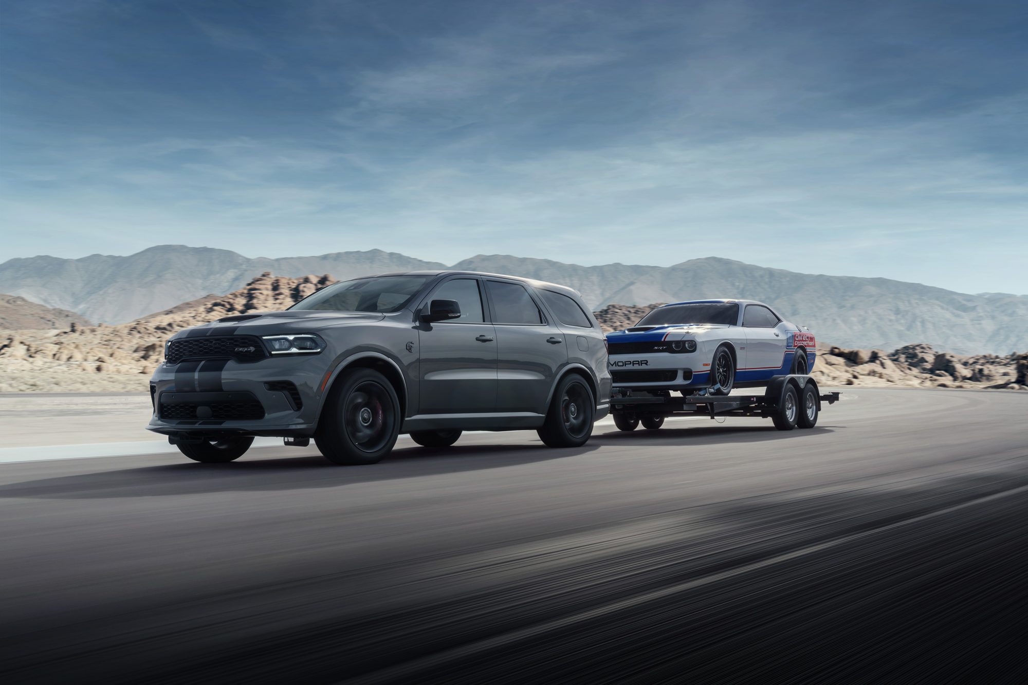 Durango SRT Hellcat towing a Dodge Challenger Mopar Drag Pak