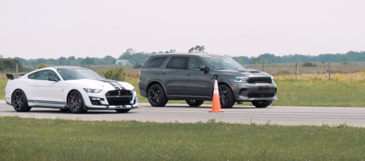 Dodge Durango SRT Hellcat and Ford Mustang Shelby GT500 on a drag strip