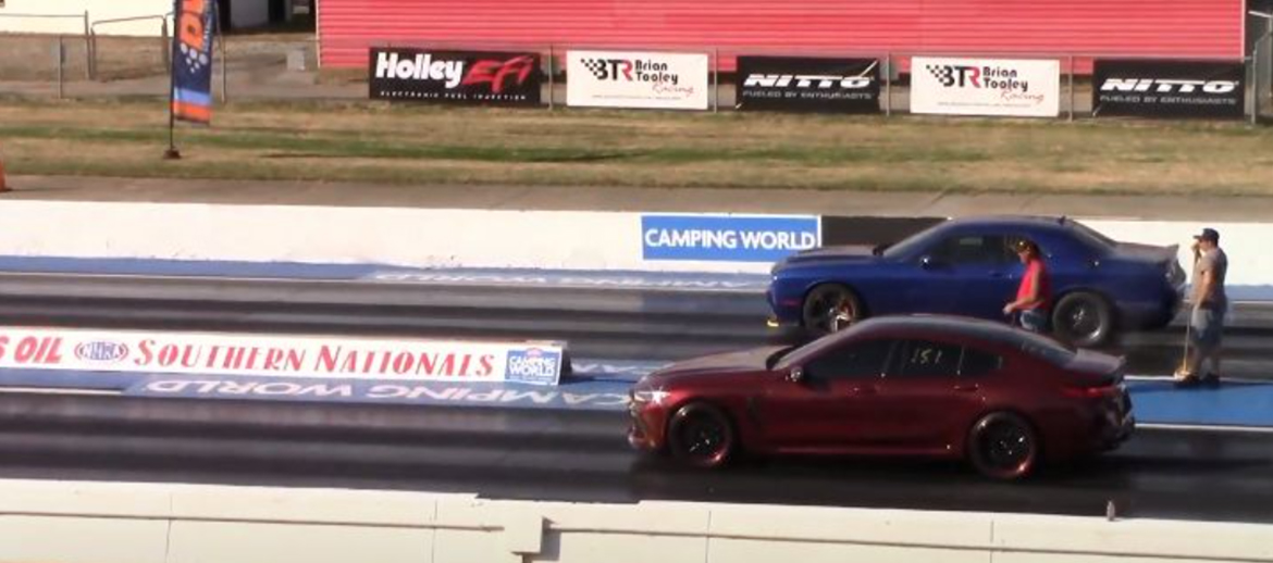 2021 BMW M8 and Dodge Challenger SRT Hellcat on a drag strip