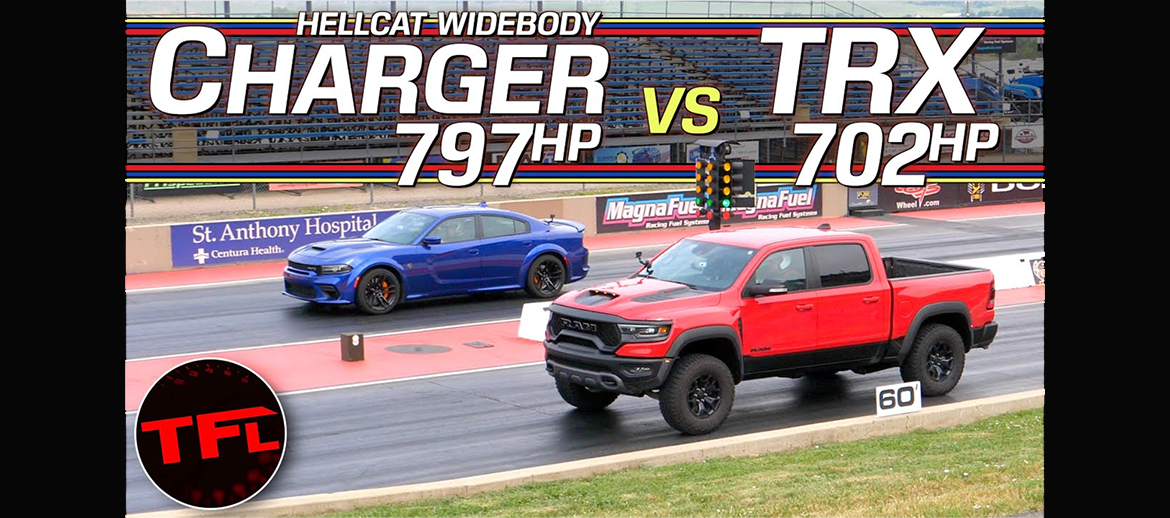2021 Ram 1500 TRX and a 2021 Dodge Charger SRT Hellcat Redeye Widebody on the starting line of a drag strip