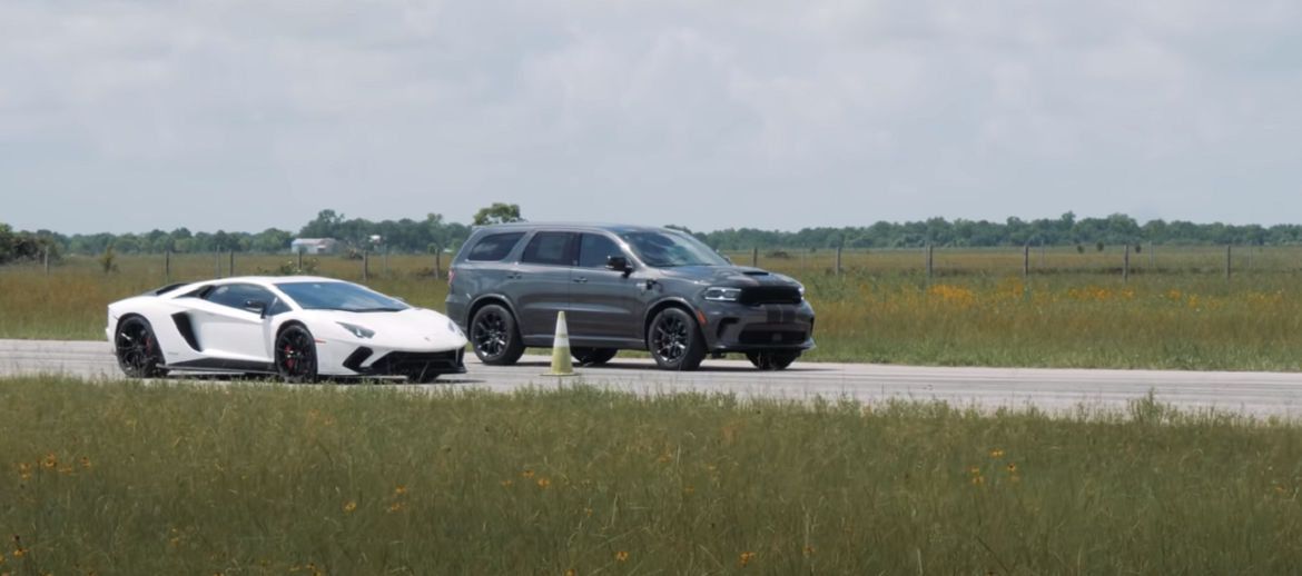 Dodge Durango and Lamborghini Aventador lined up for a drag race