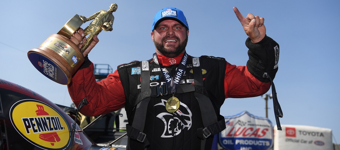 Matt Hagan holding his Wally