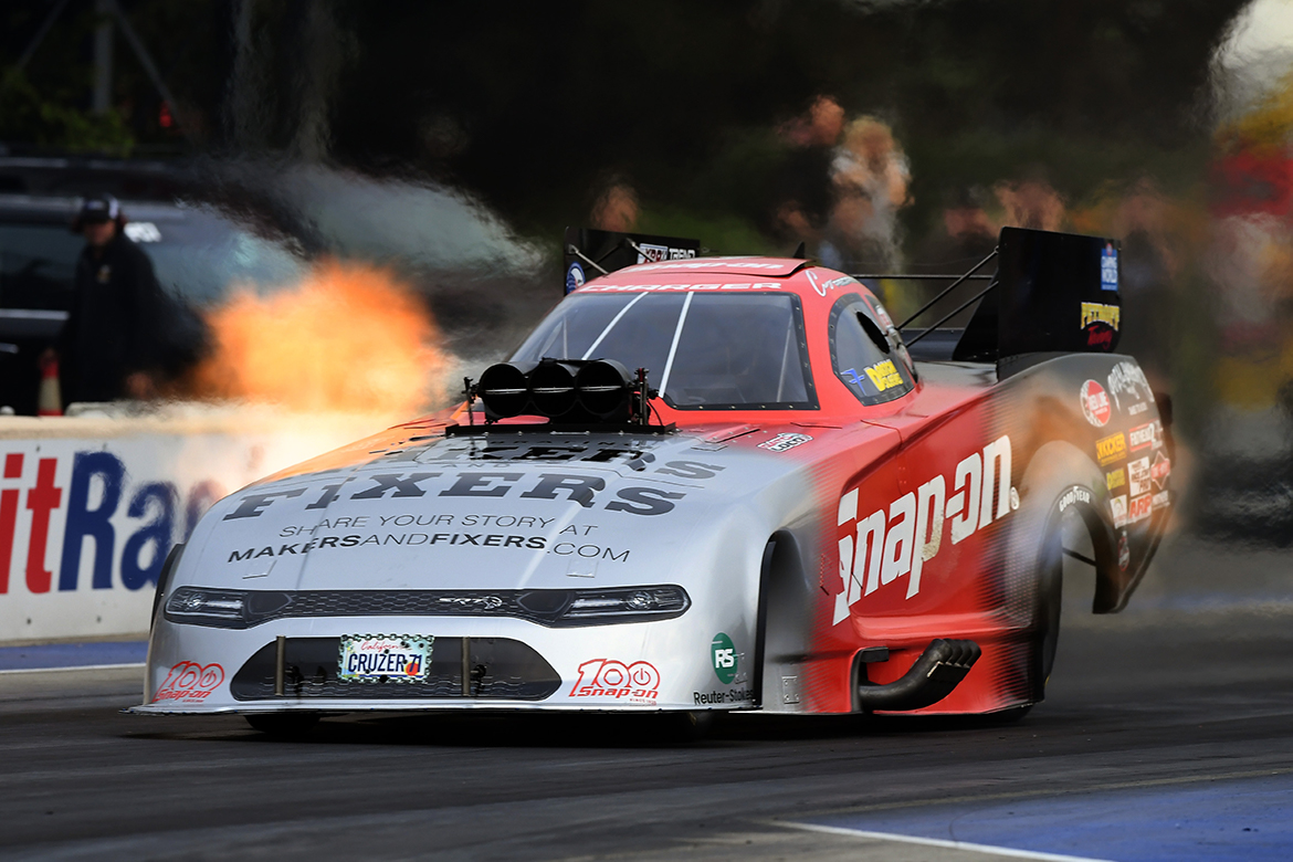 Snap-on® Tools Dodge Charger SRT Hellcat Funny car with fire coming out of it