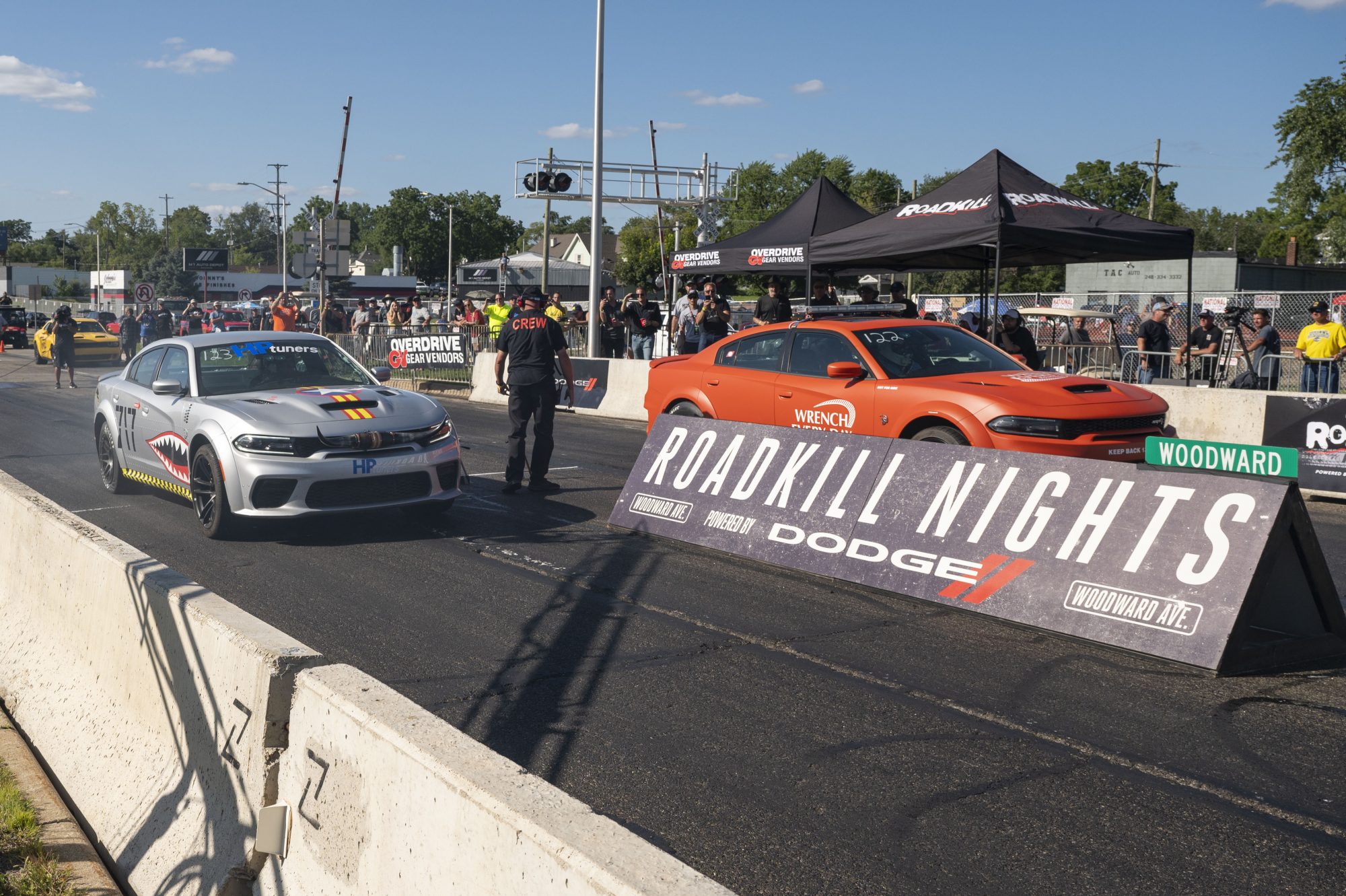 2 Chargers drag racing at Roadkill Nights