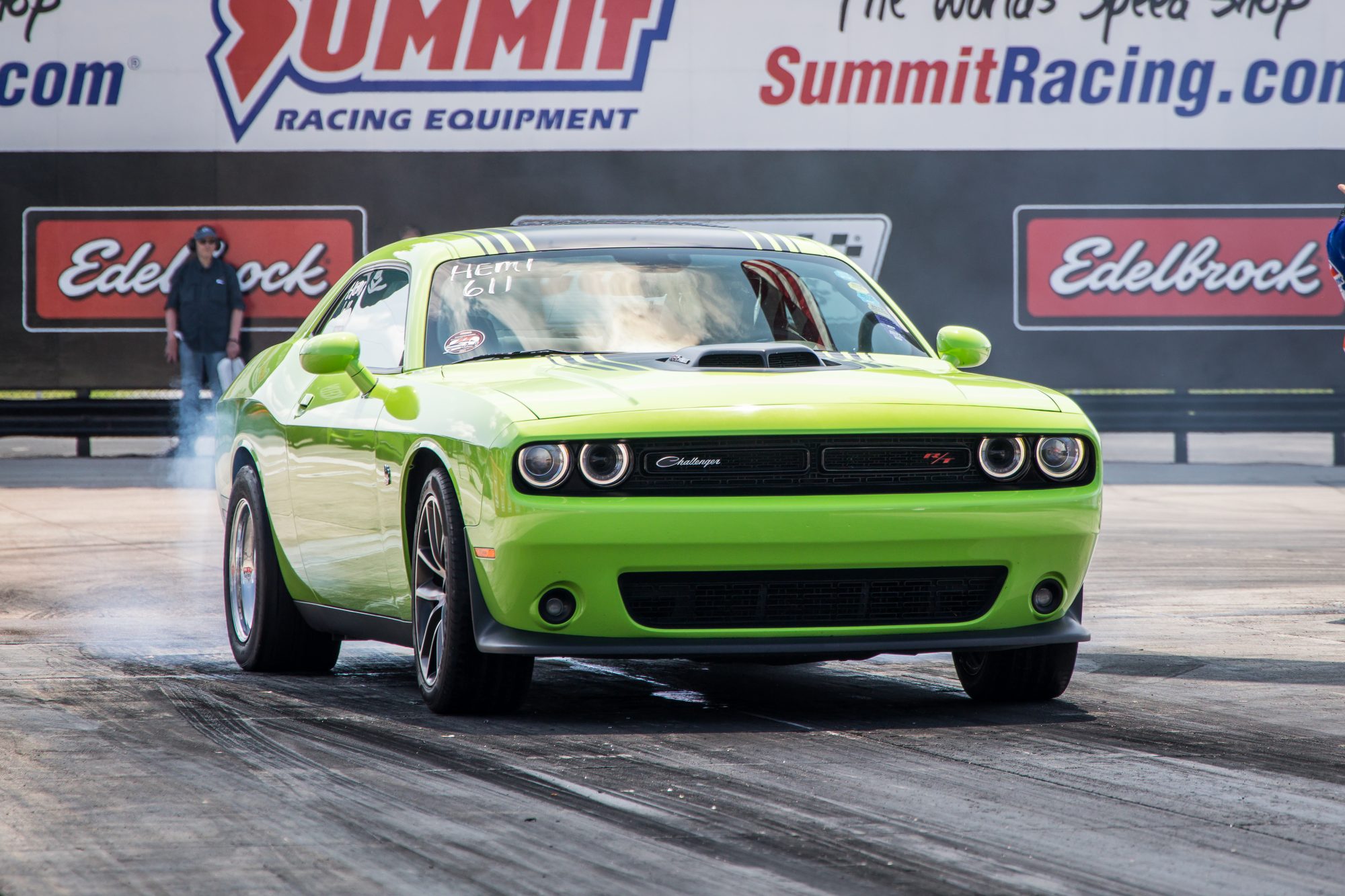 Challenger doing a burnout prior to drag racing