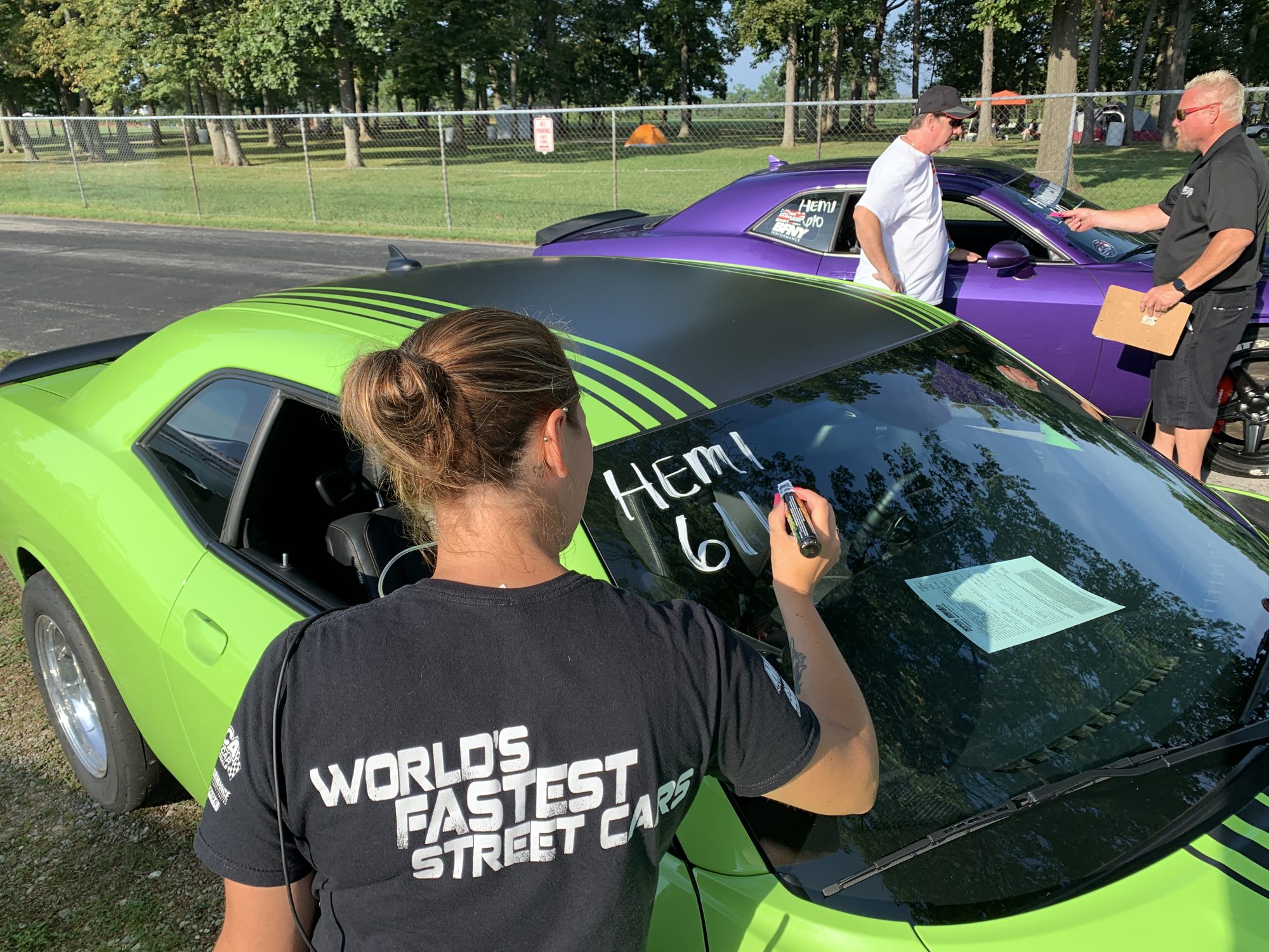 Staff checking in Dodge vehicles for the HEMI shootout