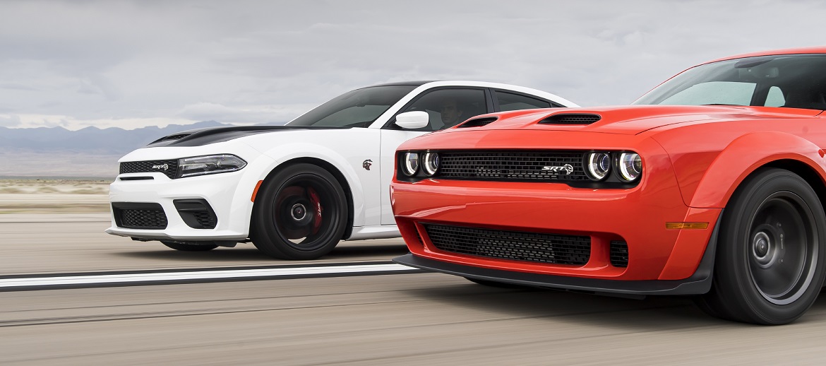 2021 Dodge Charger SRT Hellcat (left) and 2020 Dodge Challenger SRT Super Stock (right)